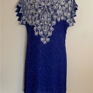 1980s Beaded Cocktail Dress in Cobalt Blue with Stunning Yoke Beadwork